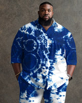 Traditional Tie-Dye Process Blue Long Sleeve Lapel Shirt 2 Piece Set Men's Plus Size